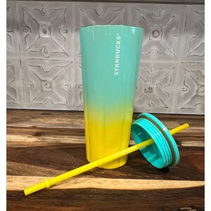 Starbucks 24 oz Stainless Steel Lined Ombre Tumbler Teal Yellow 2021 Cold Cup